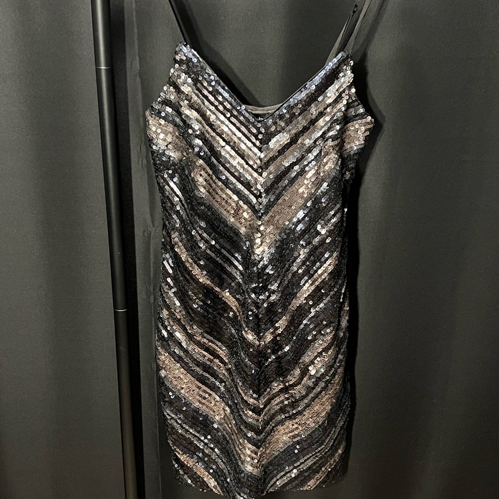 Bebe Sequin Black and Silver Cocktail Mini Dress